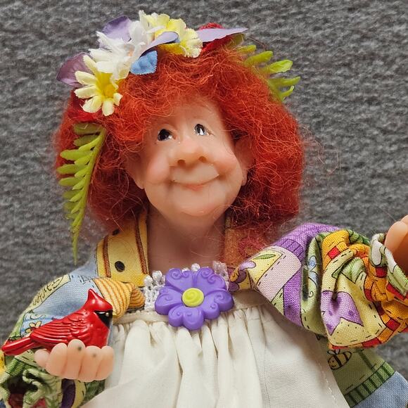 RARE UNIQUE Granny Garden Doll Artist Made Red Hair Cardinal Patchwork Dress - Picture 2 of 9